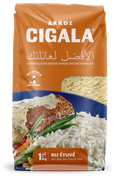 A 1 kg bag of Arroz Cigala rice, featuring a bright orange packaging design with white branding, a bowl of prepared rice and meat on the front, and a small photo of uncooked rice in the upper right.