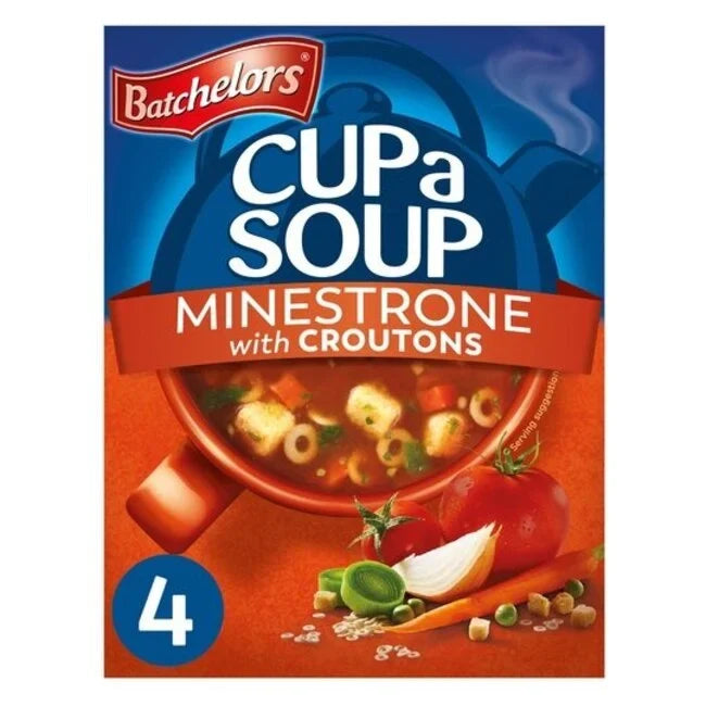 Box of Batchelors Cup-a-Soup Minestrone with Croutons on a blue background