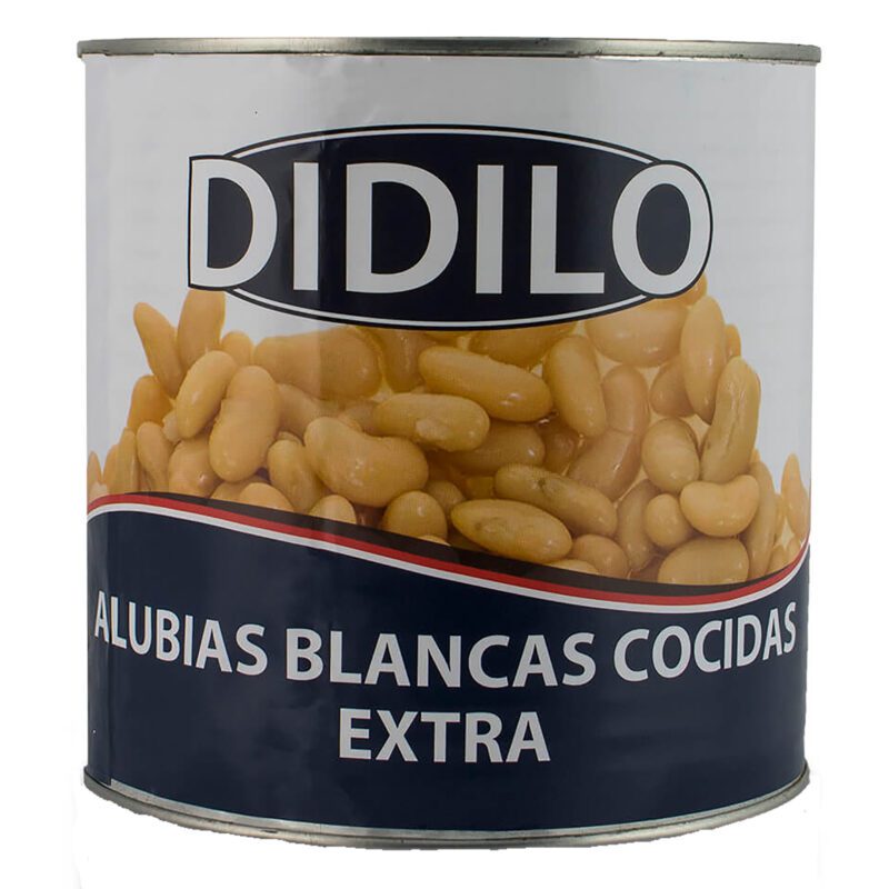 A can of DIDILO Alubias Blancas Cocidas Extra (cooked white beans) on a plain white background.
