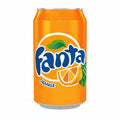 Orange Fanta soda can from Morocco on a white background