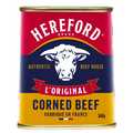 A 340g can of Hereford Brand Corned Beef, featuring a classic red, navy blue, and yellow label with a white cow illustration.