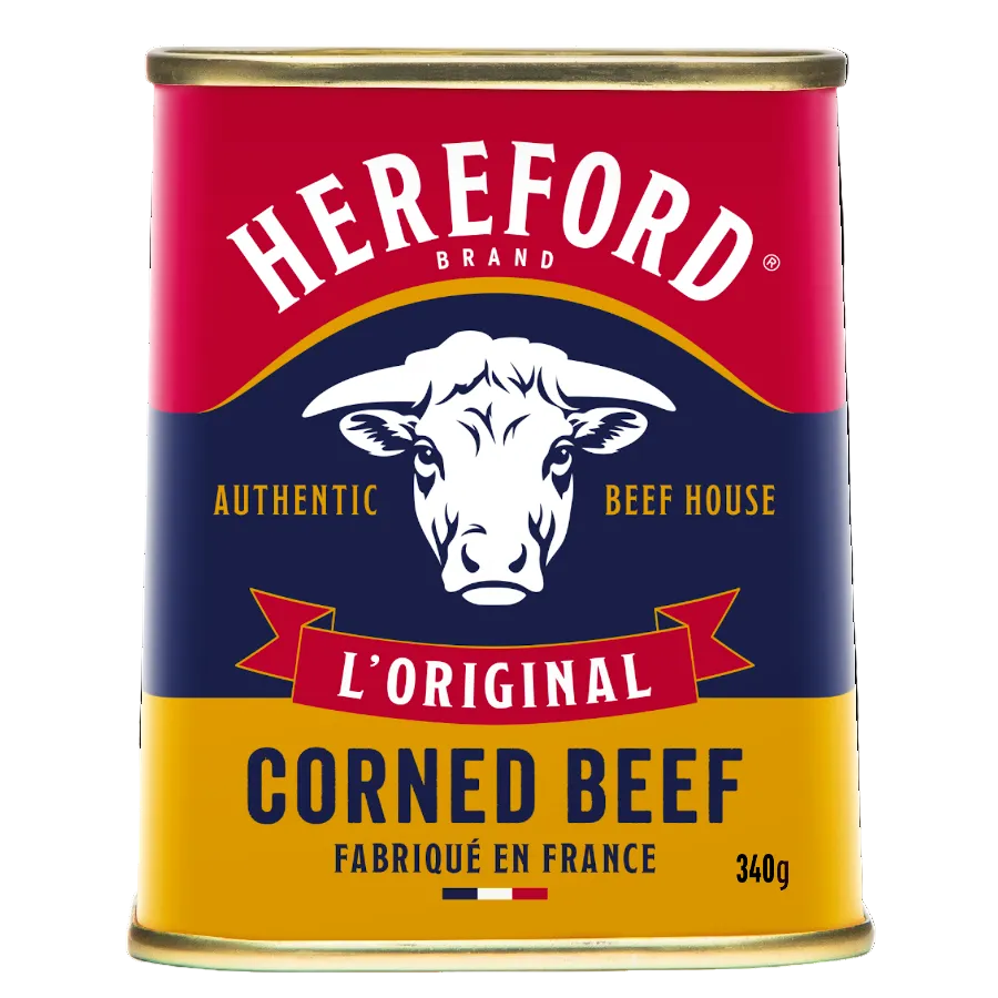 A 340g can of Hereford Brand Corned Beef, featuring a classic red, navy blue, and yellow label with a white cow illustration.