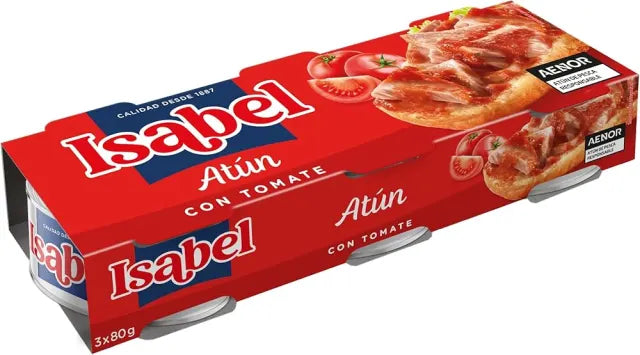 A 3-pack of Isabel Atún Con Tomate canned fish in a red cardboard multipack box with product imagery of tuna pizza on a white background.