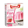 A box of Idéal Flan powder preparation mix for strawberry flan, featuring a pink flan dessert image and fresh strawberry graphics on a white and pink package.