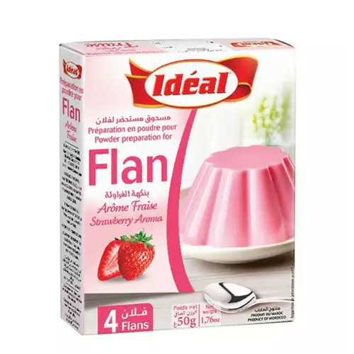 A box of Idéal Flan powder preparation mix for strawberry flan, featuring a pink flan dessert image and fresh strawberry graphics on a white and pink package.