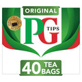 PG Tips Original tea bags packaging box showing 40 tea bags, with green and red PG logo on a white background.