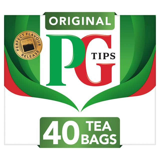 PG Tips Original tea bags packaging box showing 40 tea bags, with green and red PG logo on a white background.