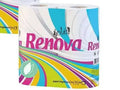 A pack of Aioles Renova toilet paper rolls with a colorful, curved rainbow design on the label, set against a plain white background.