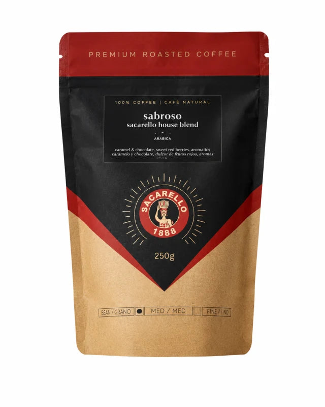 A 250g stand-up pouch of Sacarello Sabroso coffee, featuring a black and kraft brown design with red accents and the Sacarello 1888 logo.