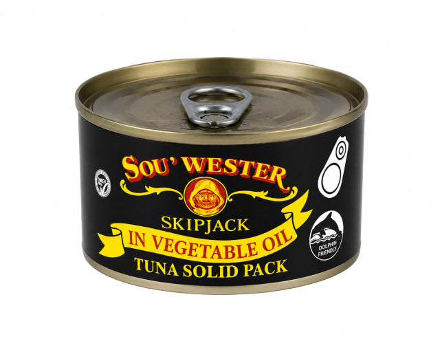 A can of Sou' Wester Skipjack in Vegetable Oil Tuna Solid Pack, featuring a black label with yellow and red lettering and a pull-tab lid, isolated on a white background.