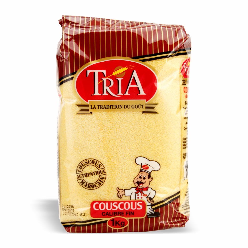  Tria Couscous Calibre Fin, featuring its signature red and beige packaging with a cartoon chef illustration, set against a plain white background.