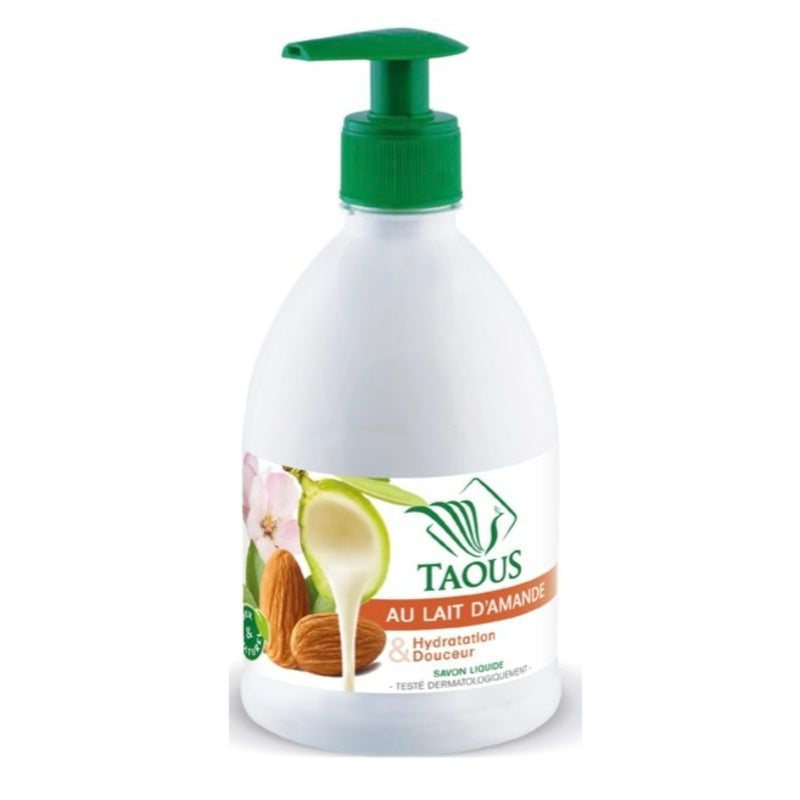 A bottle of Taous Al Lait D'Amande (almond milk) hand wash with a green pump dispenser and a white bottle, featuring an illustration of almonds and a sliced almond on the label.