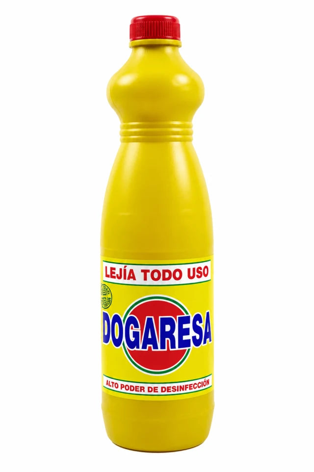 A yellow plastic bottle of Dogaresa disinfectant with a red cap and a yellow label featuring the brand name 'DOGARESA' in blue inside a red circle.