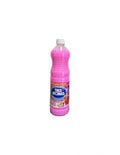 A plastic bottle of Tres VECINAS detergent in a bright pink color, with a white cap and a blue and red label, isolated on a white background.