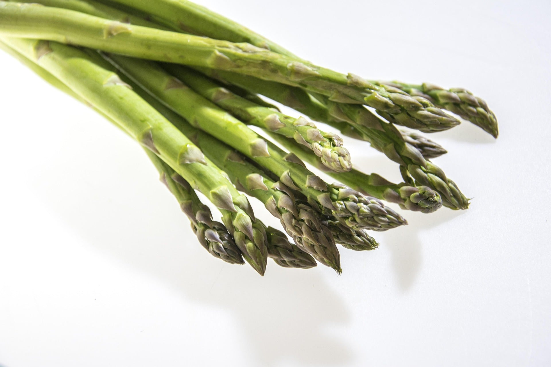 A bunch of fresh green asparagus spears arranged diagonally on a clean white background.