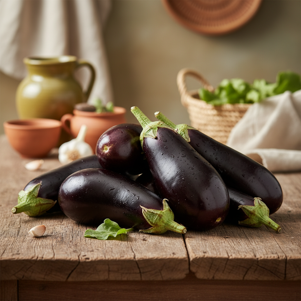 Several dark purple eggplants with green stems are arranged on a rustic wooden table, with garlic cloves, small clay pots, a green pitcher, and a basket of leafy greens in the background.