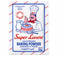 A single packet of Super Levreuse Baking Powder, featuring a white background with red and blue borders, a cartoon chef giving a thumbs-up, and product text in French and Arabic.