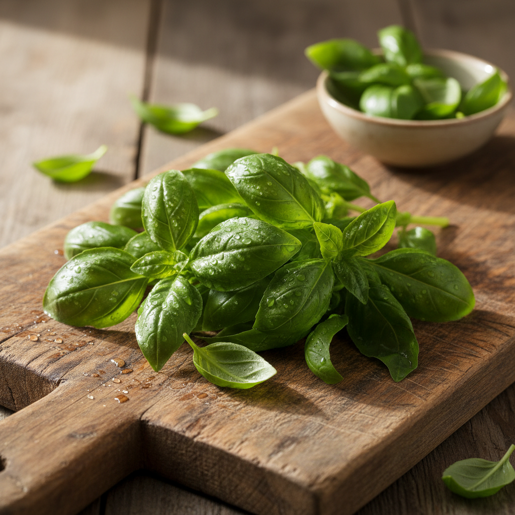 Fresh green basil leaves on a rustic wooden cutting board with a small bowl of basil in the background.