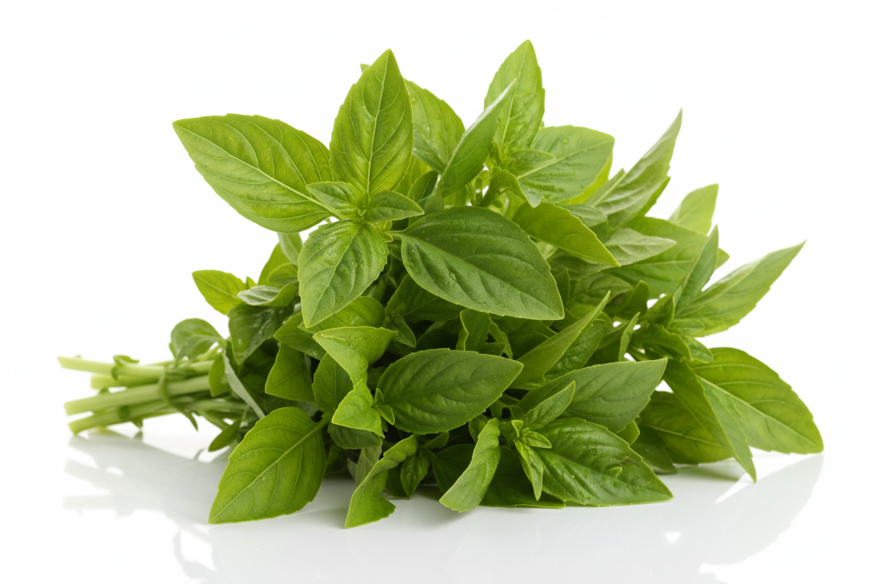 A small bunch of fresh green basil leaves with stems, photographed on a clean white background with a soft reflection below.