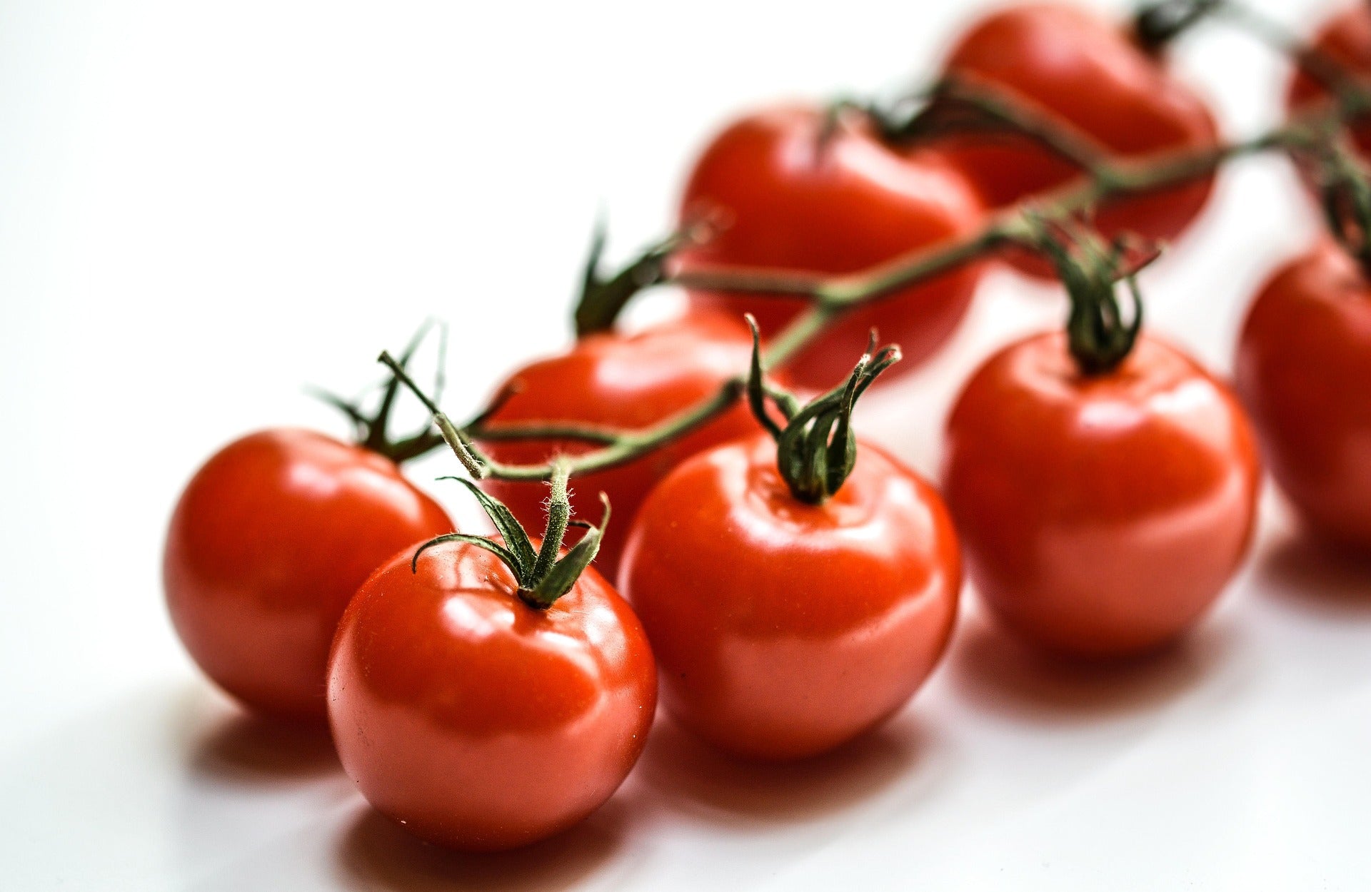 A close-up of several red cherry tomatoes on the vine against a clean white background.