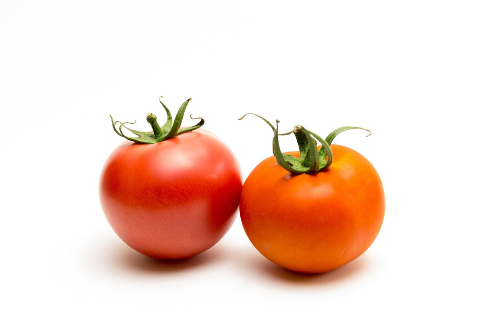 Two ripe red salad tomatoes from Conil with green stems, standing side by side on a clean white background.