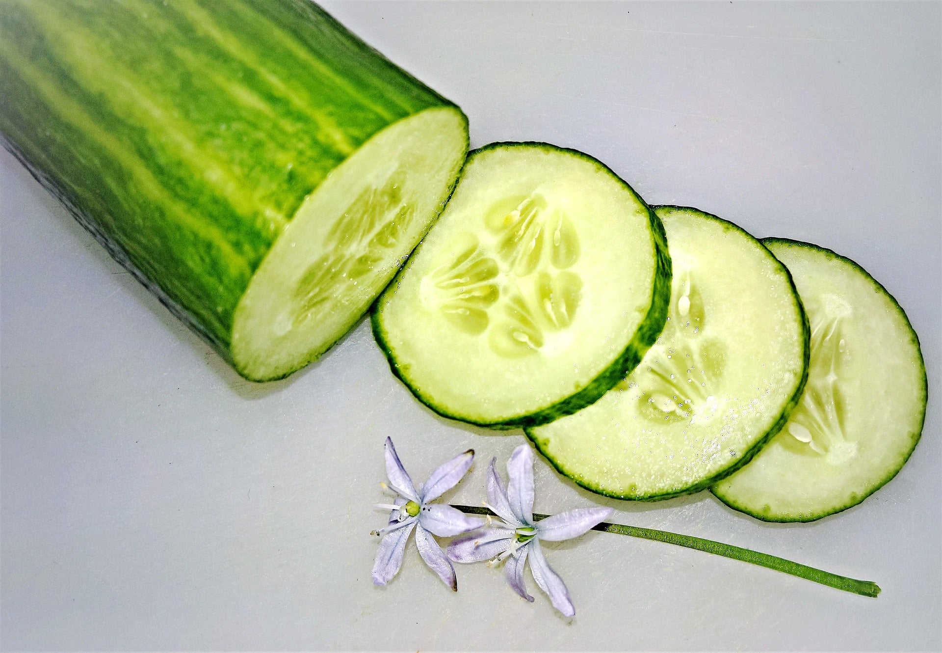 A sliced cucumber with four round cross-sections displayed on a light gray surface, accompanied by two small white flowers.