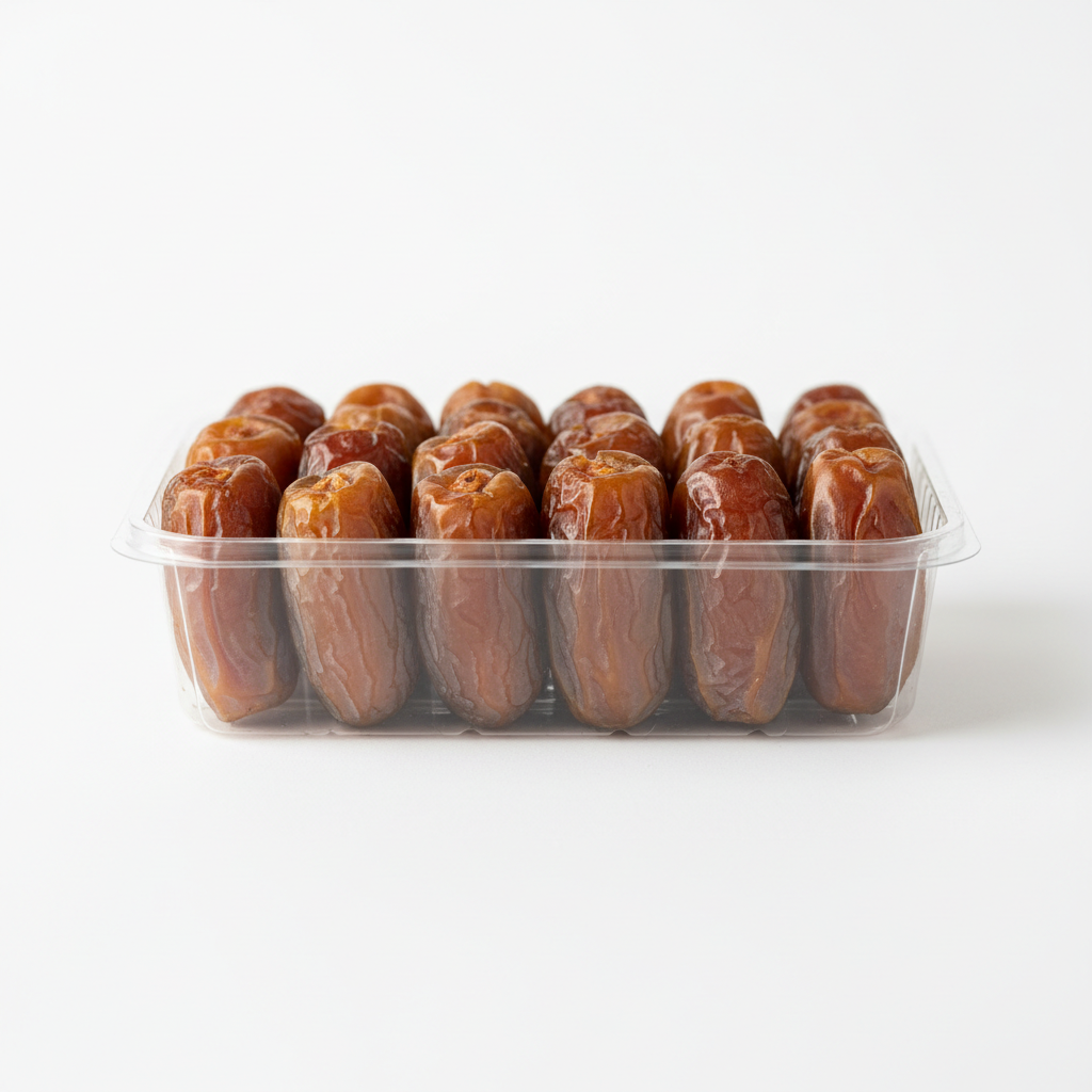 A clear plastic clamshell container filled with brown dates, photographed on a clean white background.