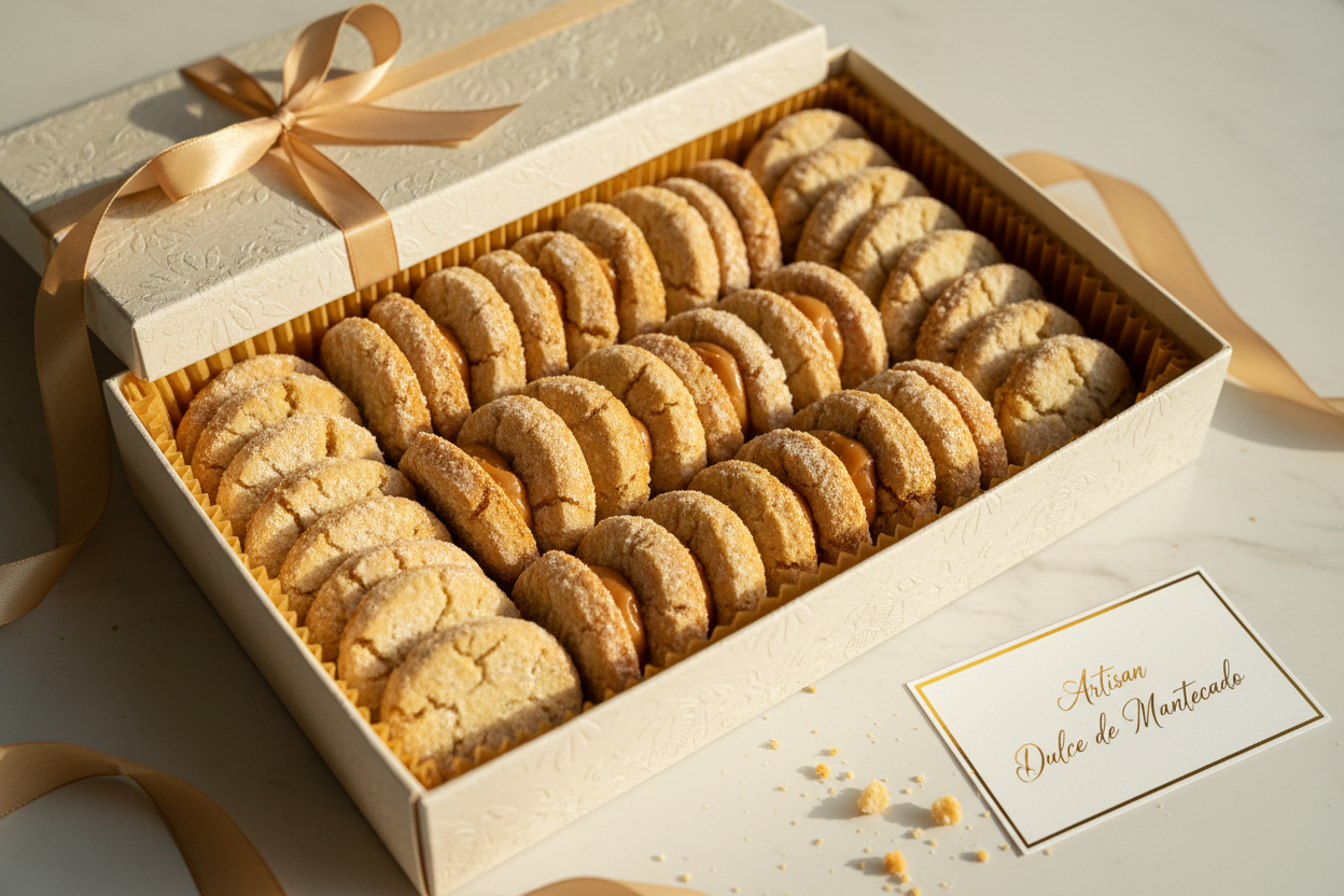 An open cream-colored gift box filled with rows of golden-brown dulce de mantecados (almond cookies), tied with a satin ribbon, on a light marble surface 