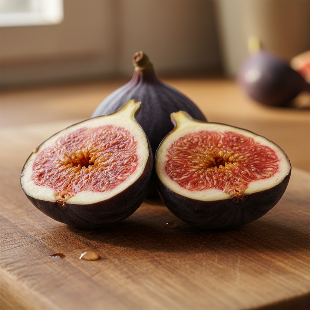 Fresh figs on a wooden cutting board, with one fig whole in the background and two figs cut in half to show the pinkish-red interior and pale rind.