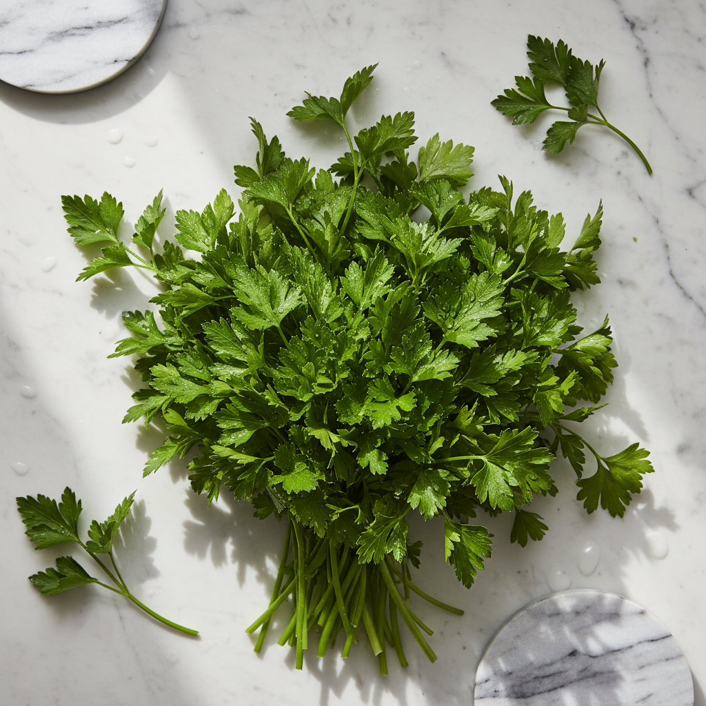 A bunch of fresh green parsley stems and leaves arranged on a white marble surface with a few loose sprigs nearby.