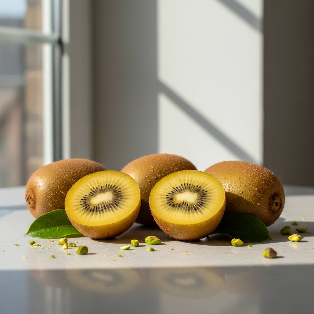 Four kiwi fruits on a light countertop with two halved kiwis in front, showing bright yellow-orange flesh and dark seeds, with green leaves and scattered kiwi pulp around them. The background is a softly blurred indoor setting with window light and shadows.