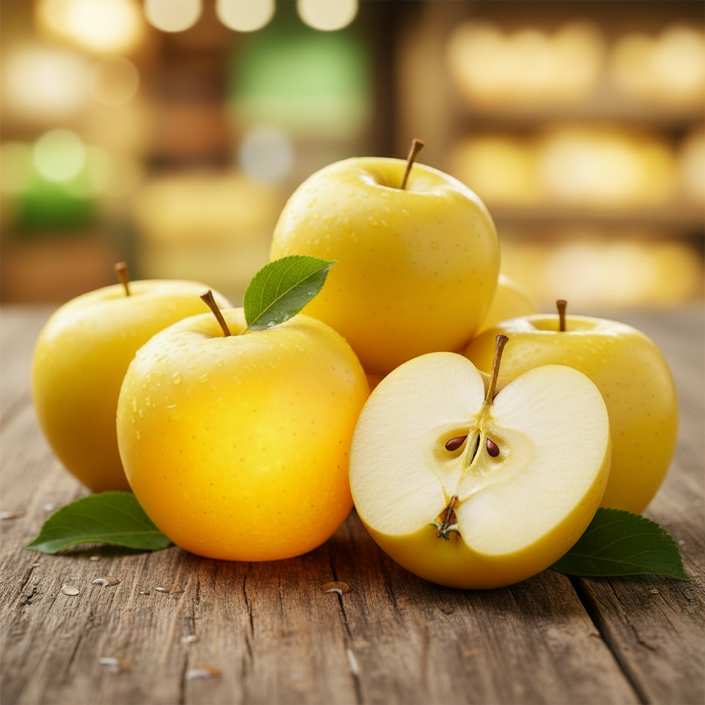 A group of bright yellow golden apples on a rustic wooden surface, with one apple cut in half to show the inside. Green leaves are placed around them, and the background is a softly blurred warm indoor setting.