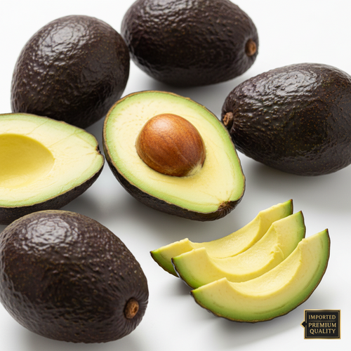 Several avocados on a white background, including whole avocados, one cut open showing the pit and flesh, and several sliced avocado wedges. A small 'Imported Premium Quality' badge appears in the lower right corner.