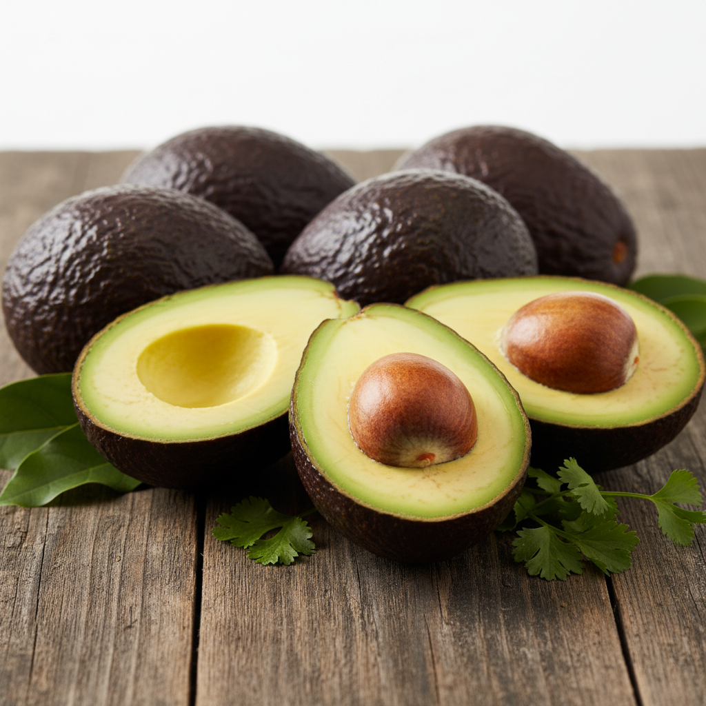 Several avocados on a rustic wooden surface, with two halves cut open in front to show the green flesh and large brown pit, garnished with a few green leaves.