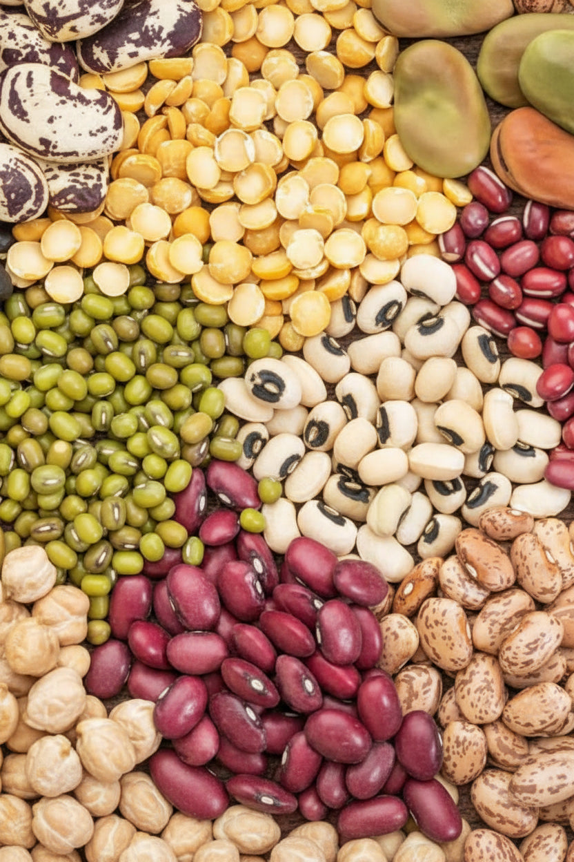 A collage of various dried and canned beans, peas, and lentils arranged in a colorful pattern.