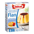 A box of Idéal Flan powder preparation mix, featuring a white and blue package design with a caramel flan dessert photo and a red Idéal logo.