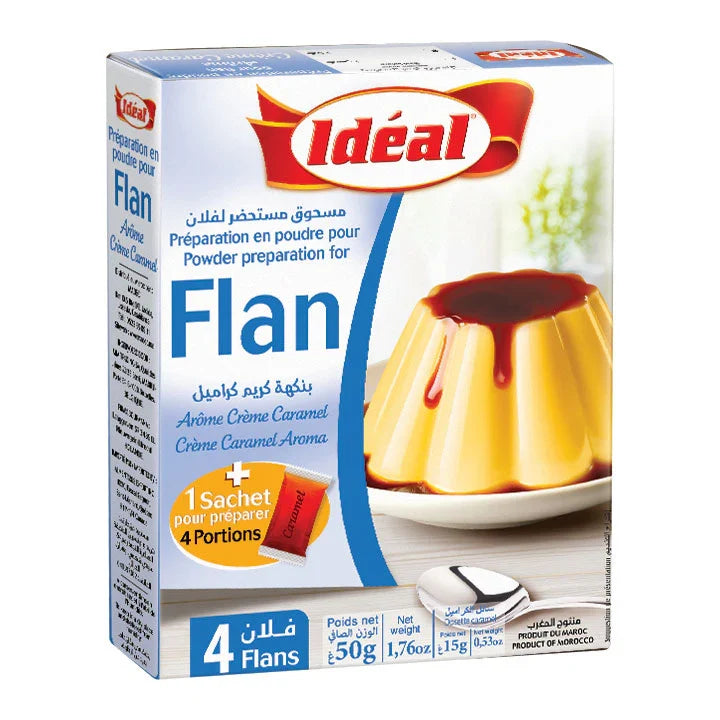 A box of Idéal Flan powder preparation mix, featuring a white and blue package design with a caramel flan dessert photo and a red Idéal logo.