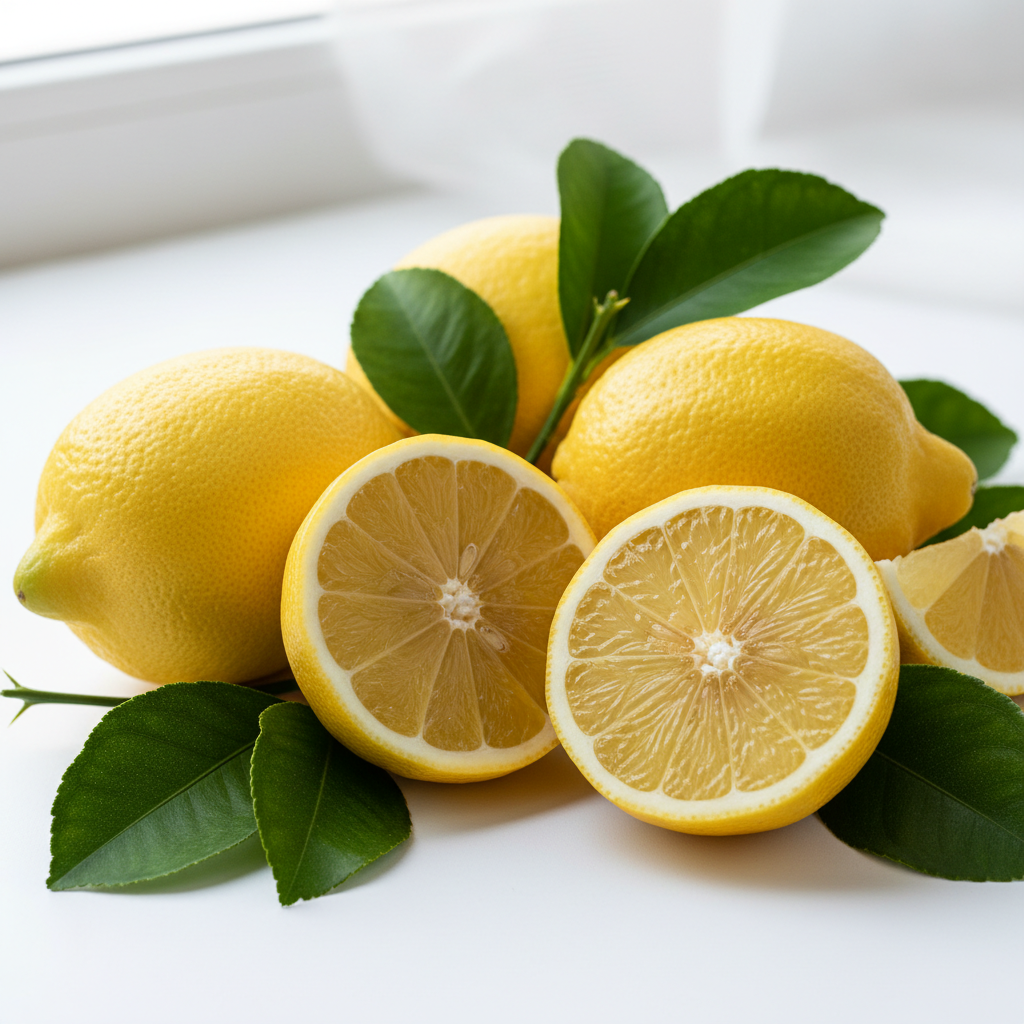 Fresh yellow lemons with green leaves, including whole lemons and two cut halves showing the juicy interior, arranged on a bright white surface near a window.