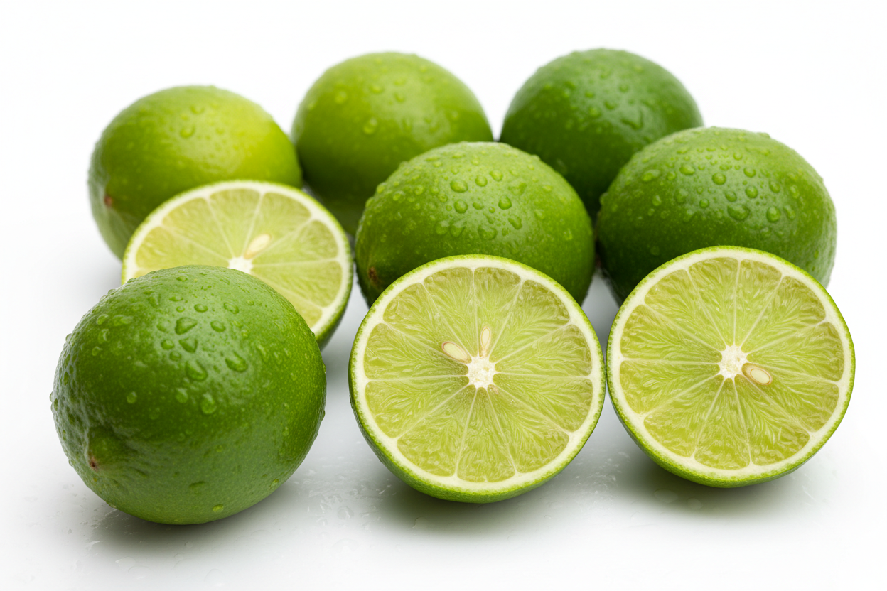 Several green limes, including two halved limes showing the juicy pulp, arranged on a white background with water droplets on their skins.
