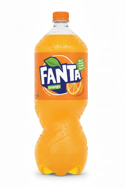 A bottle of Fanta Orange soda from Morocco on a plain white background. The clear plastic bottle is filled with bright orange soda and features the classic Fanta logo on the front label with an orange slice graphic.