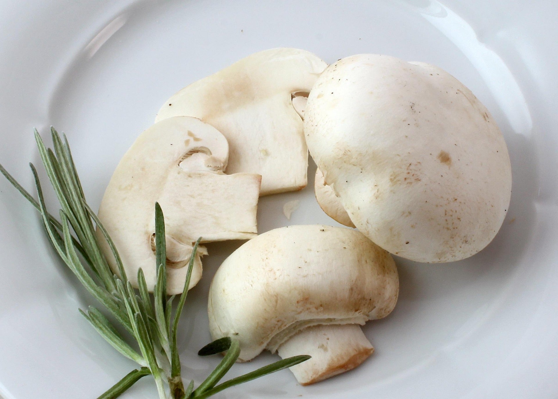 Four white button mushrooms, some whole and some sliced, arranged on a white plate with a green rosemary sprig.