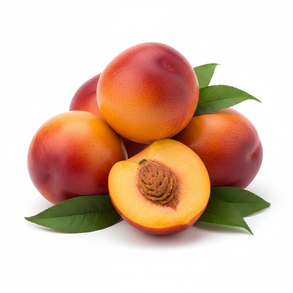 A cluster of fresh nectarines with green leaves, including one halved fruit showing the orange flesh and brown pit, photographed on a white background.
