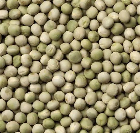 A close-up, top-down view of numerous light green and off-white peas filling the entire frame.