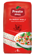 A 1 kg bag of Presto Riz Médium rice, featuring its signature red packaging with a clear window showing the white rice grains inside, alongside a serving suggestion of mixed vegetable rice.