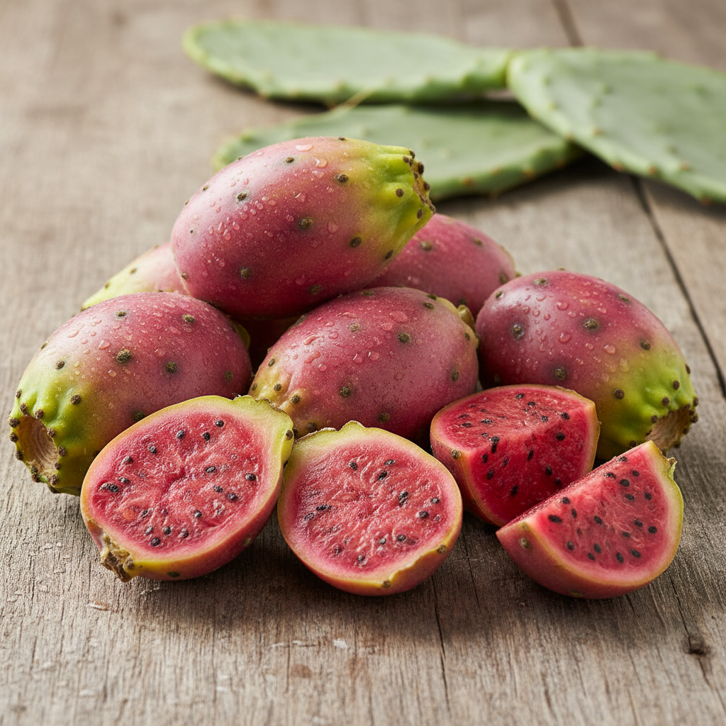 Fresh pinkish-red prickly pear cactus fruit with green-yellow tips, some whole and some sliced open to show the pink-red flesh with black seeds, arranged on a rustic wooden surface with cactus pads in the background.