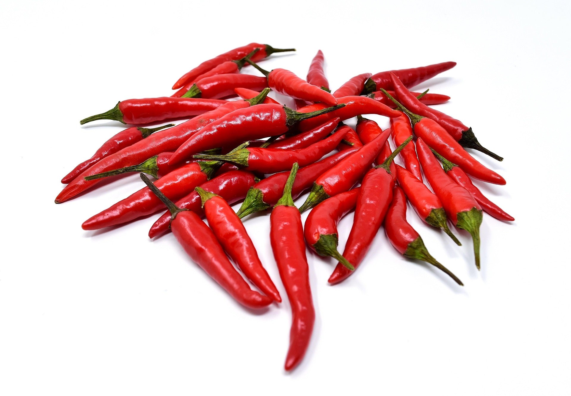 Pile of red chili peppers on a white background