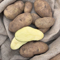 Raw brown potatoes, including one cut open to show the pale yellow flesh, arranged on a textured beige burlap fabric.