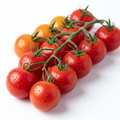 A cluster of cherry tomatoes on the vine, showing a mix of red and orange fruits with water droplets, set against a clean white background.