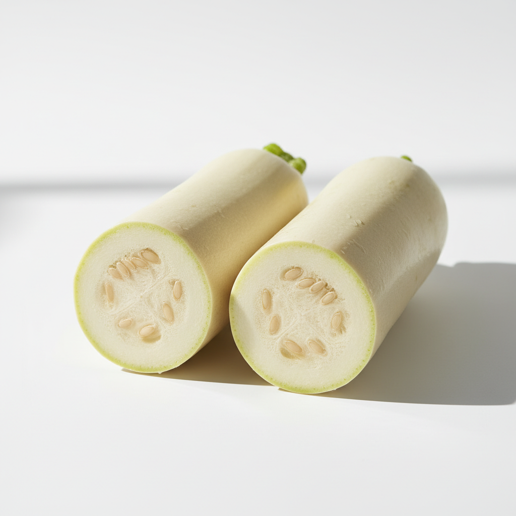 Two pale yellowish-green cucumber halves cut lengthwise, showing the inner seeds, on a clean white background with soft shadows.