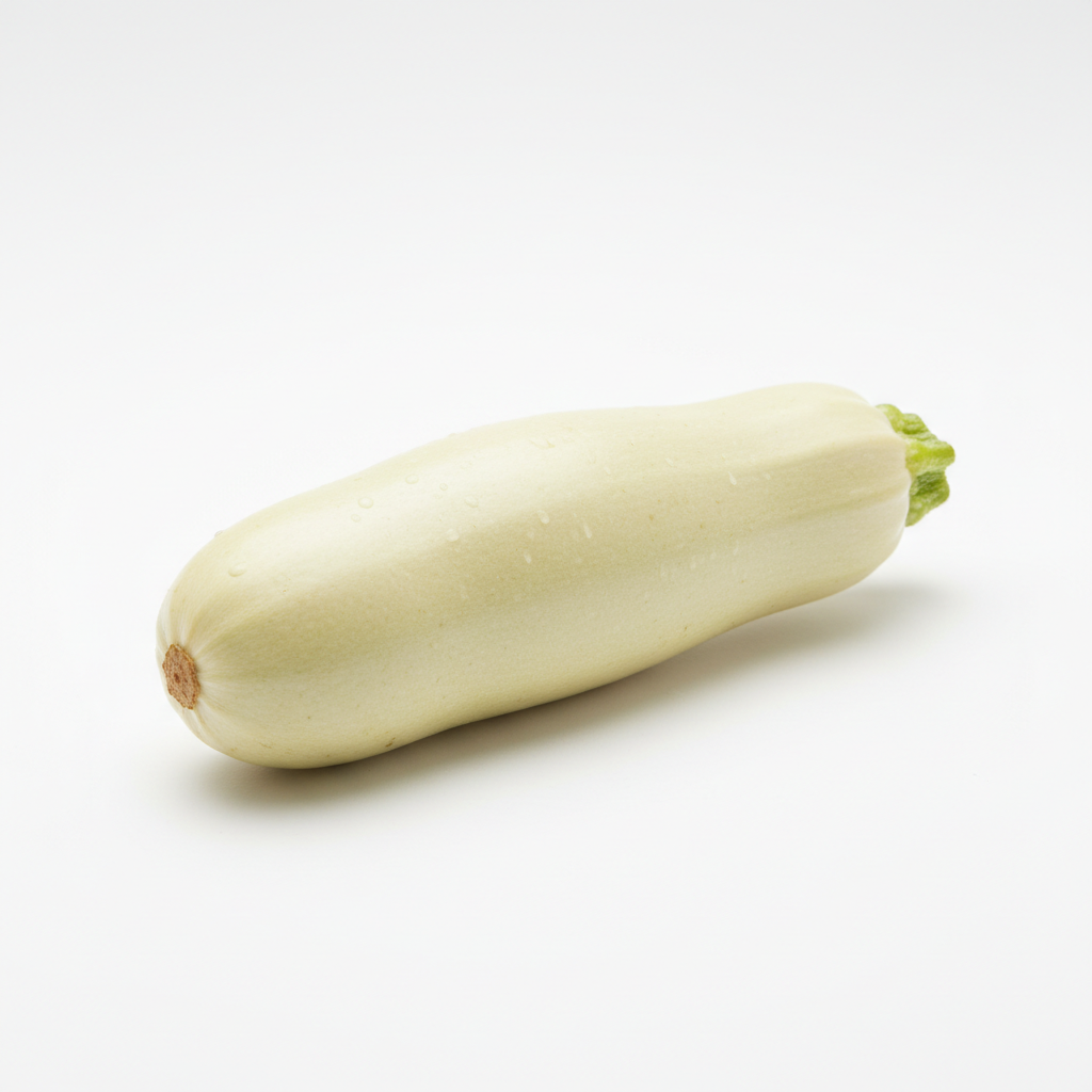 A single pale yellowish-white zucchini with a small green stem, photographed on a clean white background.